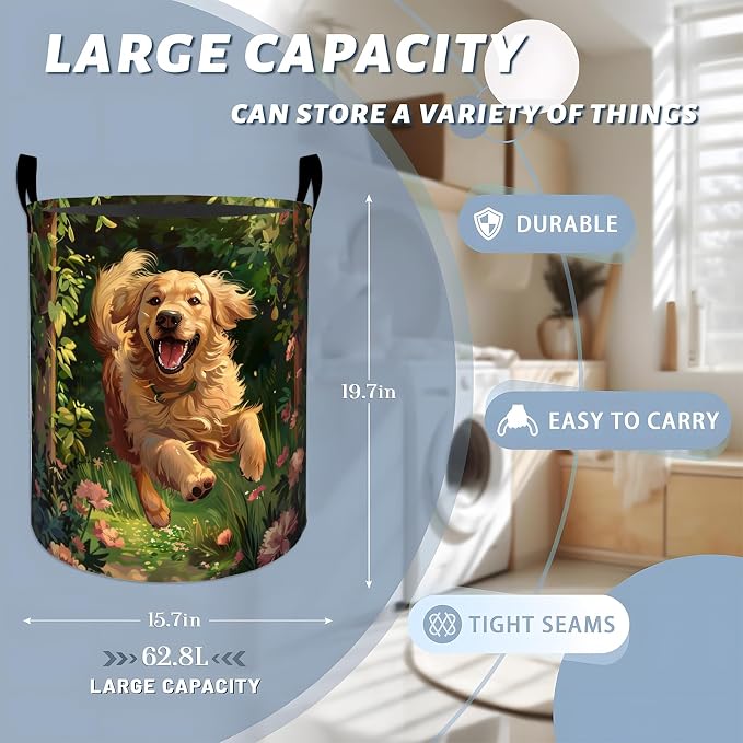 Energetic Running Golden Retriever Laundry Basket with Handles, 19.7"x15.7" Clothes Foldable Laundry Hamper Organizer for Dorm Nursery Bedroom Bathroom Decor, Toy Storage Bin for Kids