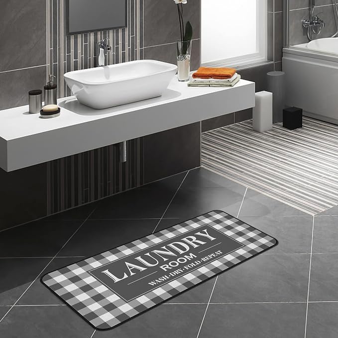 ROMAMIGO Laundry Room Rug Runner Non Slip Laundry Mats Mudroom Laundromat Runner Farmhouse Kitchen Floor Mat Bathroom Laundry Room Decor Accessories(20 X 47 inch, Grey Buffalo Plaid)