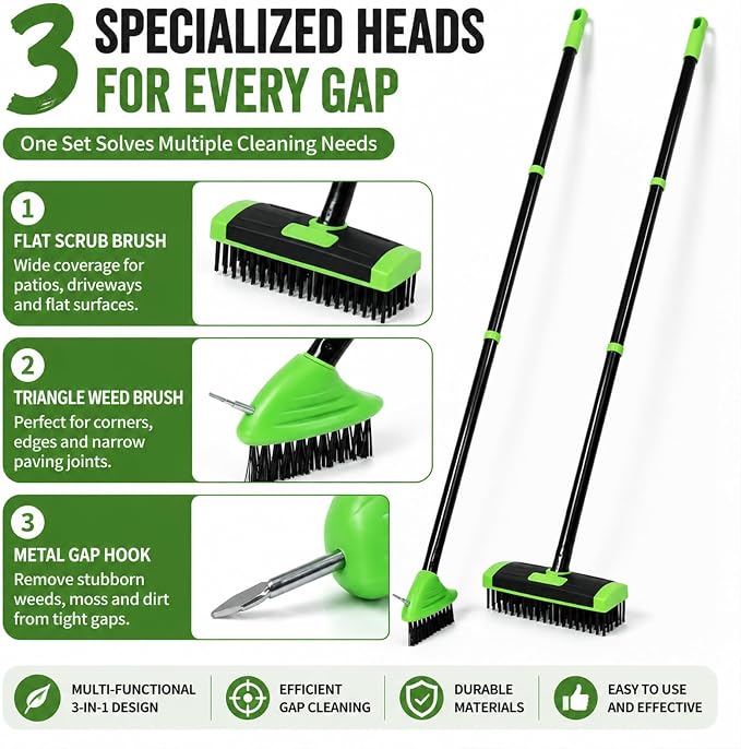 3-in-1 Weed Brush Combo Set with Long Handle, Deck Scrub Brush for Patio, Driveway & Walkway, Crack Cleaning Brush with Wire Bristles and Hook Tool for Pavers, Stone Joints Outdoor (Orange)