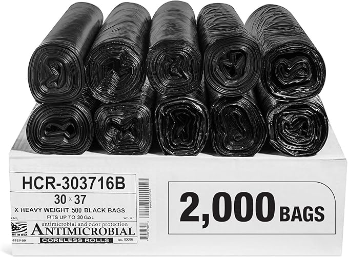 Aluf Plastics 30 Gallon 16 Micron (eq) Black Trash Bags 30" x 37" 2000 Bags