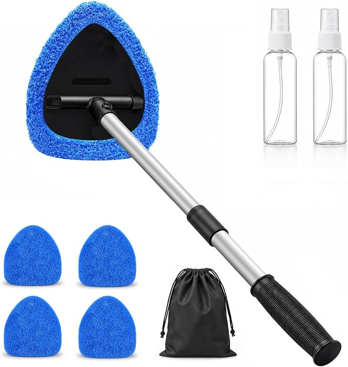 25.5" Extra-Long Reach – Super Absorbent Coral Velvet Windshield Cleaner Tool, Streak-Free Windshield Cleaning Tool Kit with 5 Pads, 2 Spray Bottles & Storage Bag for Auto Glass & Home Windows, Blue