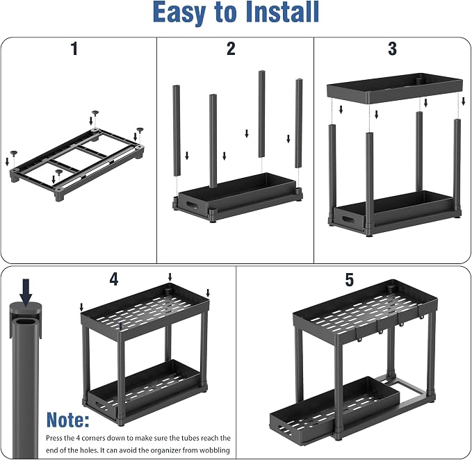 2PC Under Sink Organizer Rack 2 Tier Under Sliding Cabinet Basket Organizer Drawer with 4 Hooks, Multi-purpose Under Sink Storage for Bathroom Kitchen Desktop（Black）