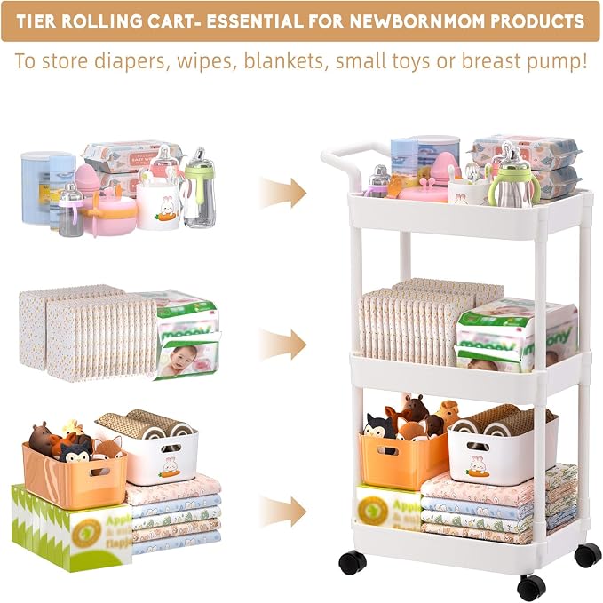 Volnamal Diaper Caddy, 3 Tier Rolling Cart for Baby Essentials, Off-White | Movable & Easy Assemble Cart for Newborn Nursery Essentials, Diaper Storage Organizer for Changing Table&Crib, Baby Registry