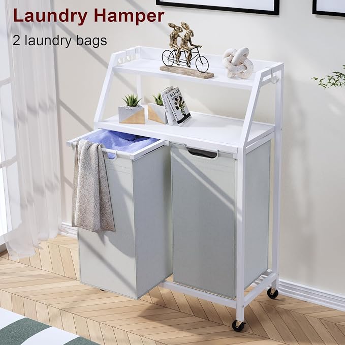 Laundry Hamper, Laundry Sorter 2 Section, Rolling Laundry Basket with Wheels, 2 Shelves, 2 × 14.5 Gal, Pull-Out and Removable Oxford Fabric Bags, for Laundry Room, White and Grey