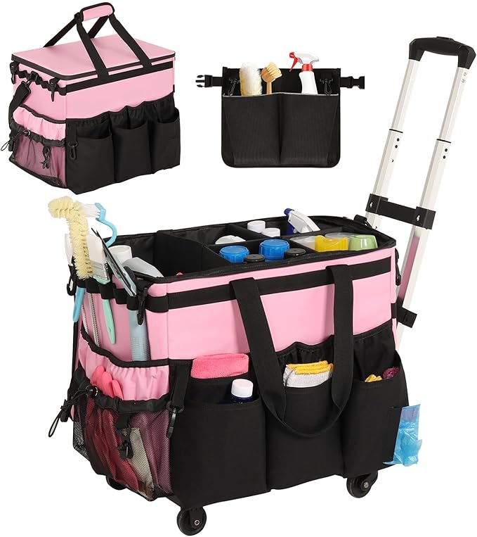 Large Rolling Cleaning Caddy with Cleaning Caddy Apron, Pink | Cleaning Caddy Bag with Detachable Trolley, Handles and Shoulder Strap, Cleaning Supplies Organizer for Cleaners Housekeepers