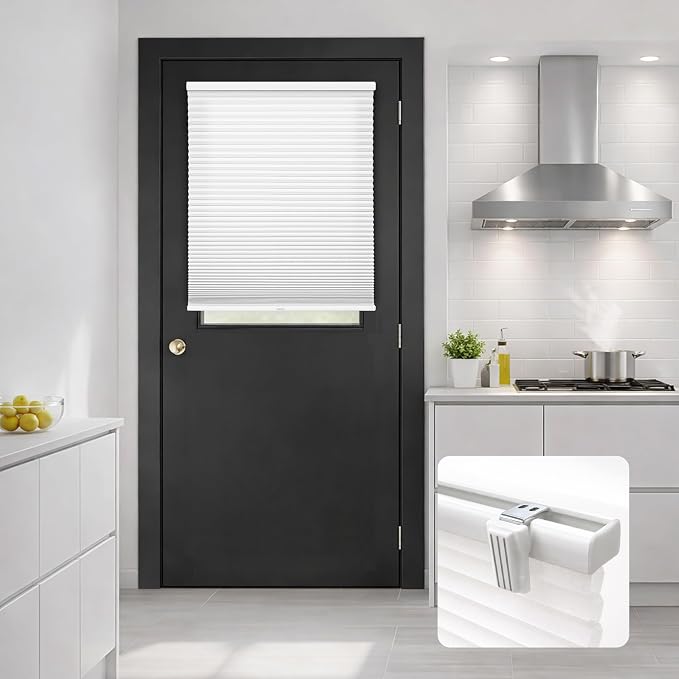 DEZ FURNISHINGS Cordless No Tools No Drill 1.5" Magnet Light Filtering Shades for Metal Doors, 28" W x 42" H, White