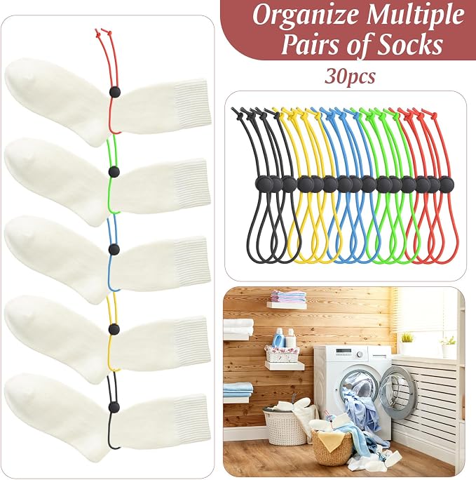 INCREWAY 30pcs Mixed Color Sock Clip Nylon Band Laundry Sock Storage Clip Keep Socks Organized Cable Tie Organizer Strap for Washer & Dryer Washing Care Tools Cleaning Loop Accessories