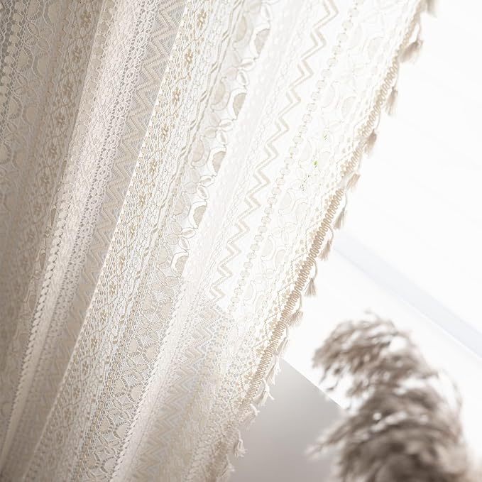 Sutuo Home Boho Curtains for Bedroom Nursery 90 Inch Length, Bohemian Geometric Crochet Sheer Lace Handmade Tassels Window Treatment Vintage Rustic Drape Rod Pocket 1 Panel 59" W x 90" L, Beige Wave