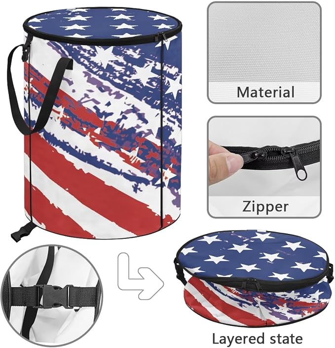 24 Gallon Reusable Yard Waster Bag Garden Leaf Bin Collapsible Camping Trash Container Stand-up Waster Bin with Lid and Handles Patriotic American Flag Print