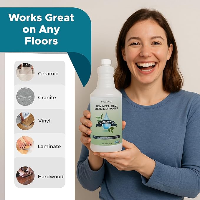 Steam & Go Demineralized Water for Steam Mop – Eucalyptus Mint Scent, 32 oz | Scented Floor Cleaner Solution, Ready-to-Use, Compatible with Any Steam Cleaner