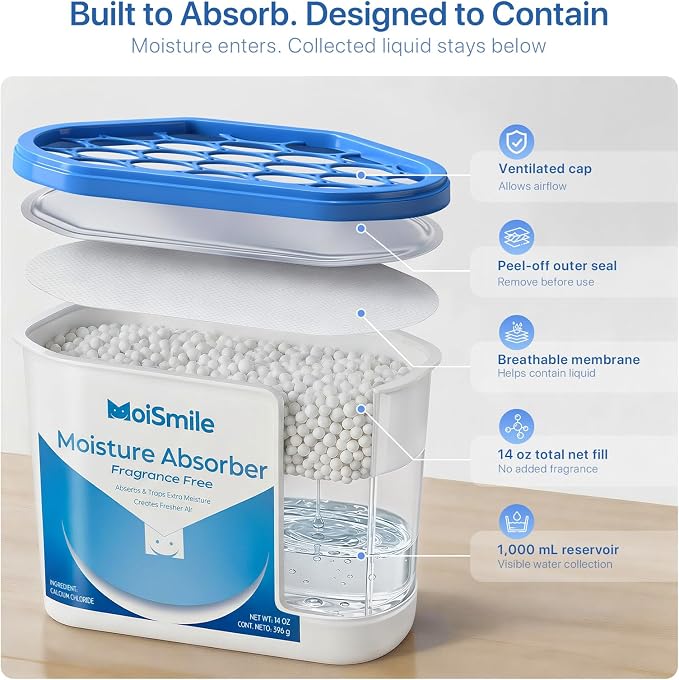 Large Moisture Absorber Buckets, 14 oz Each, Fragrance Free, 3 Pack | 14 oz Net Fill Per Bucket; Visible Water Collection; Up to 90 Days; No Added Fragrance for Bathrooms and Closets