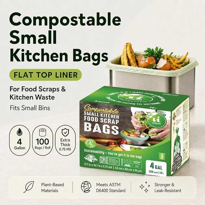 UNNI 4 Gallon Compostable Bags, 100 Count, 15 Liter, Extra Thick 0.75 Mil | Small Compost Bags for Kitchen Food Scrap Bins & Compost Caddies, Certified by BPI, CMA & OK compost HOME, Meets ASTM D6400