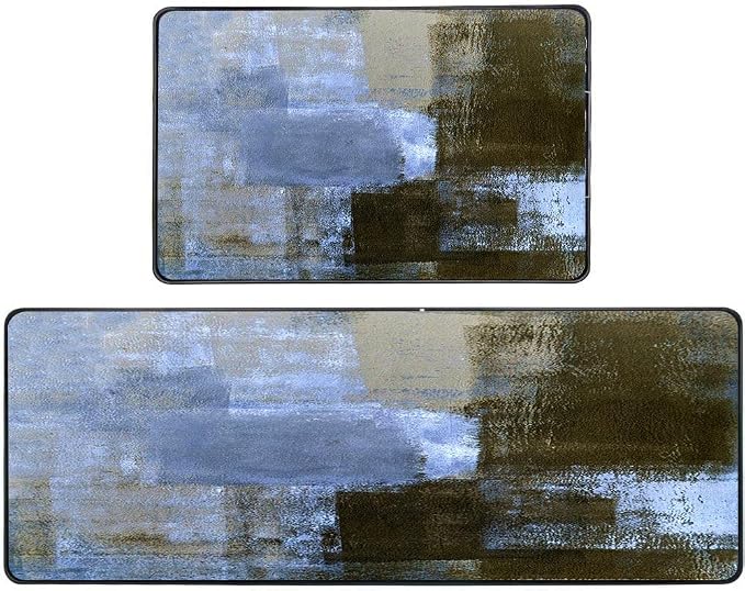 TOMWISH Blue Kitchen Rugs Blue and Brown Abstract Art Painting Kitchen Décor