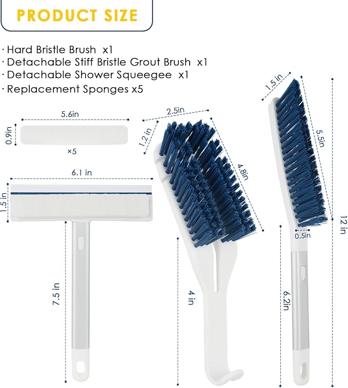 3 Pack Bathroom Shower Scrub Brush Set - Stiff Bristle Grout Cleaner Brush | 2-In-1 Detachable Shower Glass Squeegee with Replacement Sponges, Scrubbing Brushes for Cleaning Bathtub, Gaps, Tile, Sink