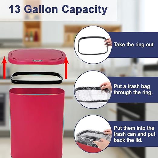 13 Gallon Kitchen Trash Can Bathroom Trash Can with Lid Red Garbage Can | Automatic Motion Sensor,50 Liter Touchless Trash Bin,Waterproof Garbage Bin Wastebasket for Toilet,Office,Caravans,Bedroom,