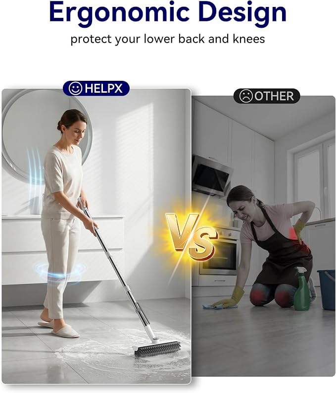 3 in 1 Adjustable Small Floor Scrub Brush with Long Handle | 360 rotating head Right-angle Heavy-Duty Stiff Bristle with Squeegee and Tweezer for Cleaning Bathroom Tile Patio and Kitchen