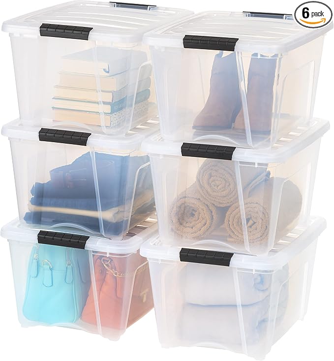 IRIS USA 6-Pack 32 Quart Storage Bins with Lids, Clear | Transparent design makes items easy to find, Great for linens, décor, closet storage, and supplies, Nestable to save space