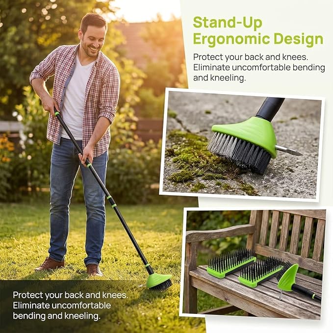 3-in-1 Versatile Weed Brush Combo Set, Floor Scrub Brush with Long Handle | Interchangeable Deck Cleaning Tool, Deck Brush for Patio, Concrete, Driveway & Outdoor Cleaning