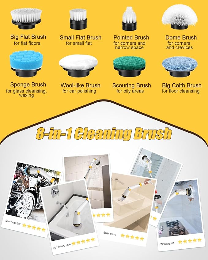 Qimedo Electric Spin Scrubber Q2, 4000mAh Battery, 1500RPM High Power | Floor Scrubber Machine with Long Handle, Cordless Cleaning Brush, 8 Brush Heads and Smart Display for Showers, Tubs and Tile