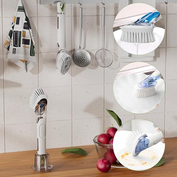 RIMAY Soap Dispensing Dish Brush Set with 2 Brush Refills and Holder | Dish Scrubber with Handle Kitchen Dishwashing Brush Dish Wand for Dishes, Pans, Pots And Sink, White