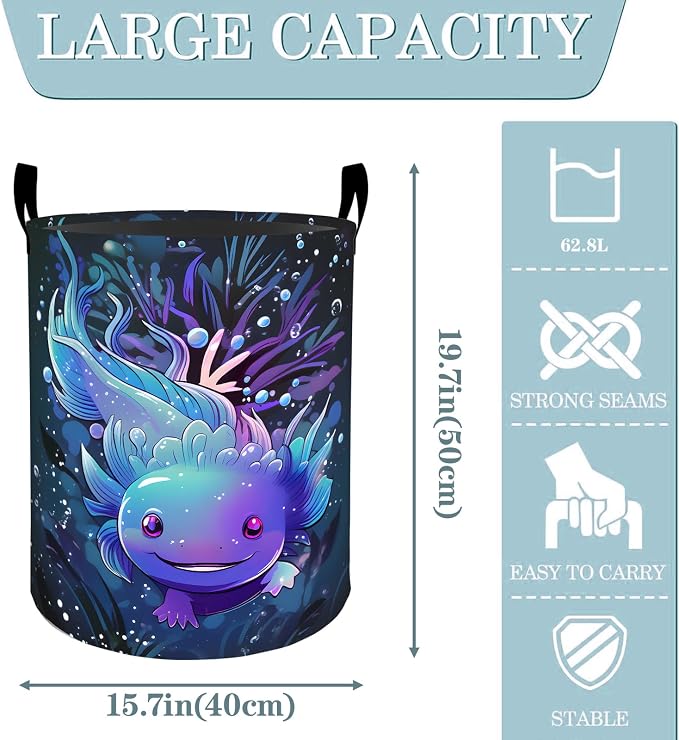 Cute Axolotl Underwater Laundry Basket, Dirty Collapsible Clothes Toy Organizer Hamper for Kids Adults, Oxford Cloth Waterproof Storage Bin for Bedroom Bathroom Home Decor Gifts, 19.7"X15.7"