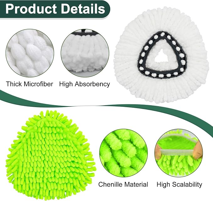 Mop Head Replacement for O Cedar, Spin Mop Replacement Head for Ocedar Easywring 1 Tank System, Mop Heads Includeds 4 Mop Replacement Heads , 1 Spin Scrub Brush & 1 Base