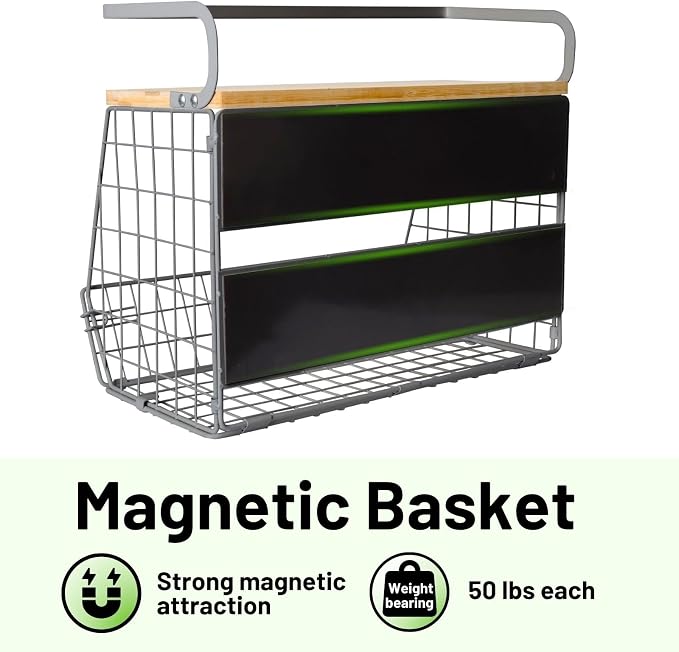 Magnetic Fridge Shelf with Wood Lid, Fruit Potato Onion Storage Bins, Pantry Organizers, Large Container Spice Rack for Refrigerator, Kitchen Counter, Cabinet (1, Silver)
