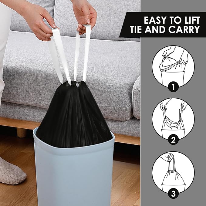 Small Drawstring Trash Bags 5 Gallon, Black, 120 Count | Waste BasketLiners Fit 18-20L Garbage Cans, Tear Free, Leak Proof, Sturdy for Home, Office, Bathroom & Bedroom Daily Use