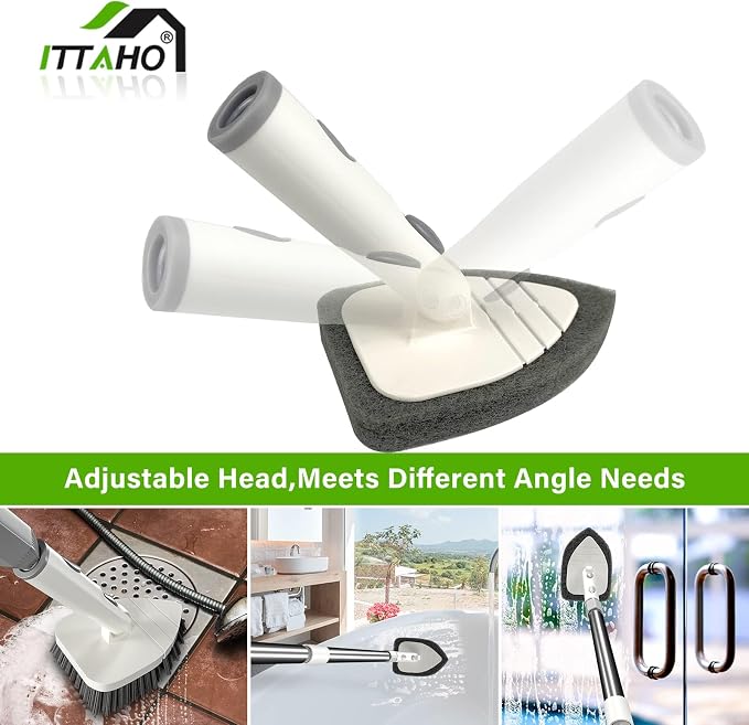 Tile Tub Scrubber Brush with 4 Cleaning Heads,59" Long Handle Stiff Bristles Scrub Brush with Extendable Pole, Rotatable Detachable Scrub Brush for Shower,Tile, Tub,Bathroom,Walls,Sink