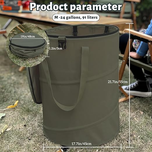 Pop up Camping Trash can,24 Gallon Collapsible Garden can with lid(Green) | Reusable Lawn and Leaf Bag with Sorting Clips,Heavy Duty 600D Oxford Fabric,Garden Garbage Yard Waste Bags for Outdoor Indoor