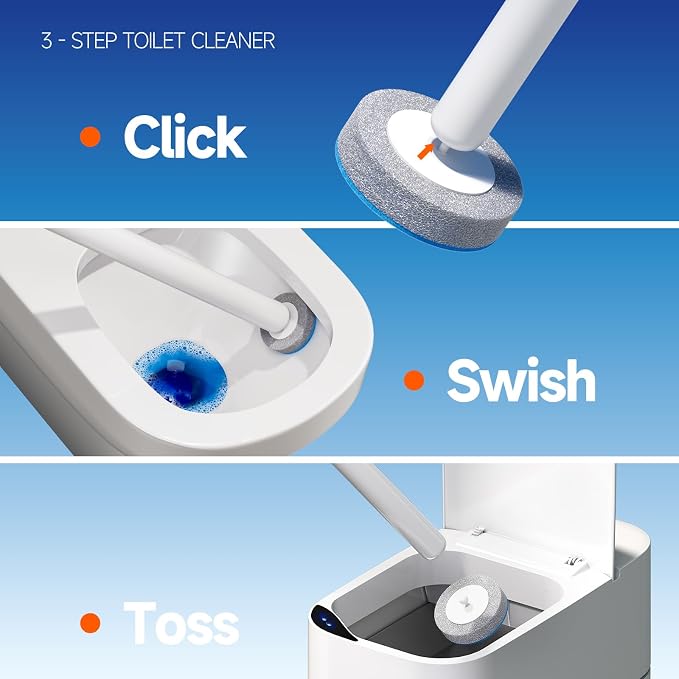 Ctime Disposable Toilet Brush Set with 18 Refills, Wall Mounted Wand Kit | Waterproof with Lid，Hands-Free Lid,New Wand Refills,One-Click Disposal,Pre-Loaded Cleaner,360° Rotating Head