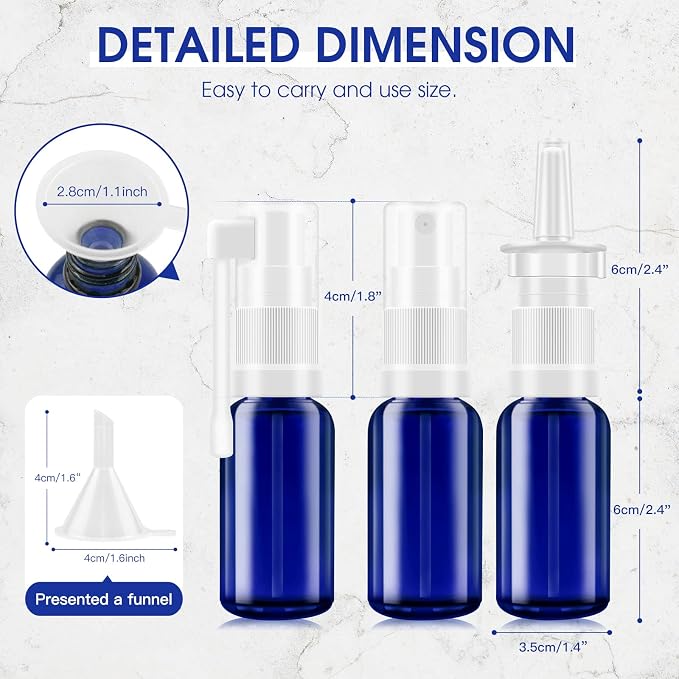 Nasal Spray Bottle, 3 Pcs 30ML/1oz Glass Refillable Continuous Fine Mister Spray Bottles, Travel Sized Empty Nasal Sprayer with Sprayers, Funnels and Labels(Blue)