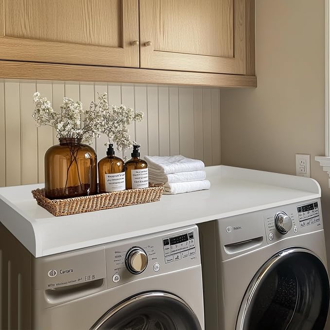 Washer Dryer Countertop, Melamine Countertop with Edge Rails - 27.5" Depth x 54" Width Laundry Room Organization, White