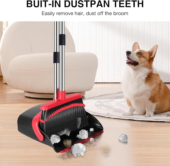 NACENA Broom and Dustpan Set, 52-in Long Adjustable Handle Broom Dustpan Combo with Dustpan Teeth to Automatically Clean Hair Suitable for Home Kitchen Office Hall Floor (Black&Red), 2 Pack