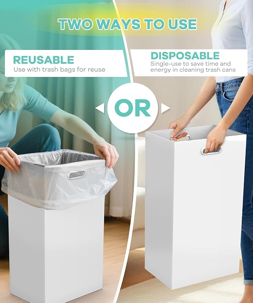 4 Pack 13 Gallon Disposable Trash Cans,13.5" L x 10.0" W x 21.7" H, White | With Handle, Large, Collapsible, Thick Recycled Cardboard, Recycling Bins for Parties Events Camping