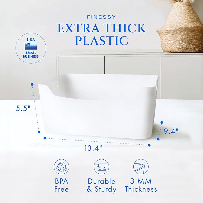 FINESSY White Plastic Storage Bins for Pantry with Handle 2 Pack White Bins | Open Plastic Storage Bins, No Lid To Lift. Shatter-Proof Plastic, 13.4x9.4x5.7 Inches. Great For Craft and Office Supplies.