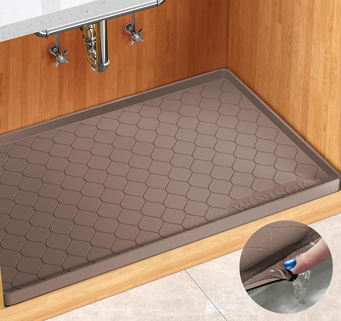 Winisok Waterproof Under Sink Mat 22" x 19", Silicone Mat, Brown | Raised Edge Traps Spills & Leaks, Shelf Liner, Cabinet Protector, for Kitchen, Bathroom, Boots, Pets, Home Essentials