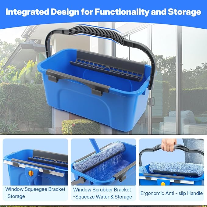 Window Cleaning Kit with Bucket, Squeegee and Scrubber for Home, Commercial | Professional High Windows Washing Kit, 76" Long Handle Window Squeegee & Scrubber, 3 Gal Bucket, Complete Window Cleaner Tool