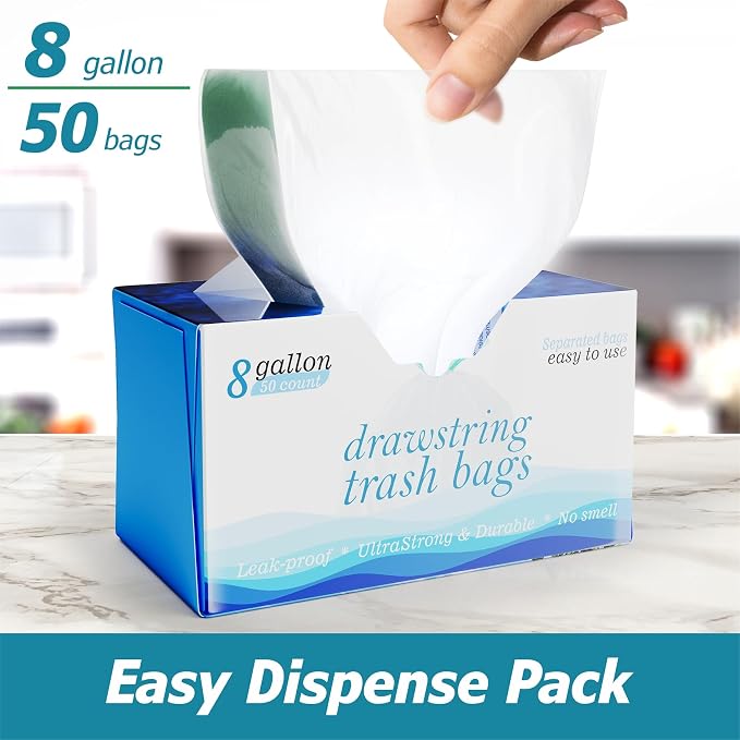 8 Gallon Drawstring Garbage Bags 0.8 Mil Ultra Strong Medium Kitchen Trash Bags Medium Plastic Bags - Individual, Unscented, White, 23"x27", 50 Count