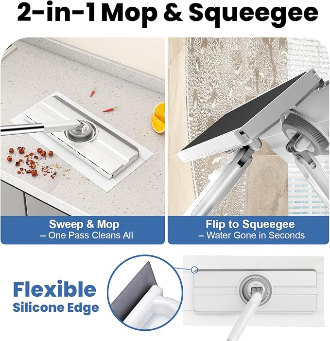 13" Wide Flat Mop with Snap-Grip Cloth Lock, Disposable Clamp Mop | Sweeper & Mop Kit with Dry and Wet Multi-Surface Floor Cleaner, Includes 2 Reusable Cloths, Ideal for Hardwood, Tile Floor