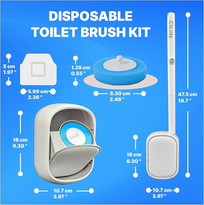 CiLoN Disposable Toilet Brush, Toilet Wand Cleaning System, Bowl Scrubber | Flip-Top Hands-Free Wall-Mounted Toilet Bowl Brush & Holder with Disposable Cleaning-Fluid Scrubbing Pads for Hygienic Use