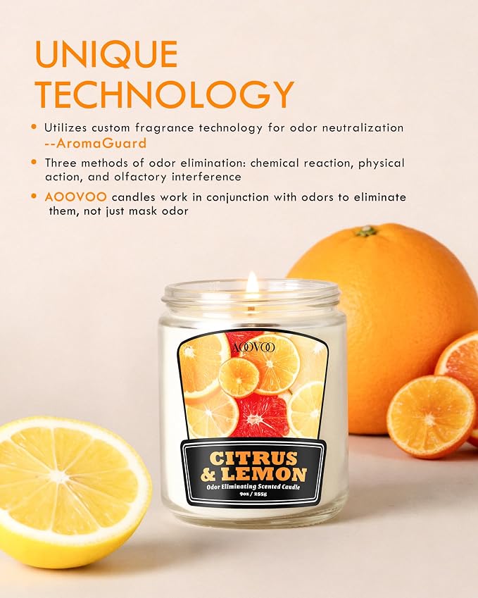 AOOVOO 4 Pack Odor Eliminating Candle Set - 36 oz Non Toxic Soy Candle | Highly Fragranced, Up to 200 Hours Burn time, Eliminates 95% of Pet, Smoke, Food, and Other Smells Quickly
