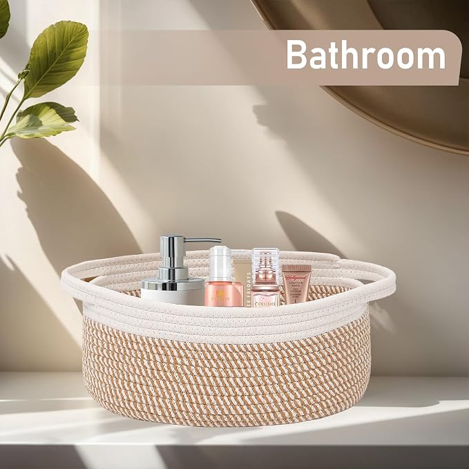 JMvicyroam Small Woven Basket, Empty Gift Basket, White&Brown Block/1 Pack | Small Gift Basket, Cotton Rope, 12 x 8 x 84 in, Handles, Includes Ribbon and Bag, Birthday Gift Basket