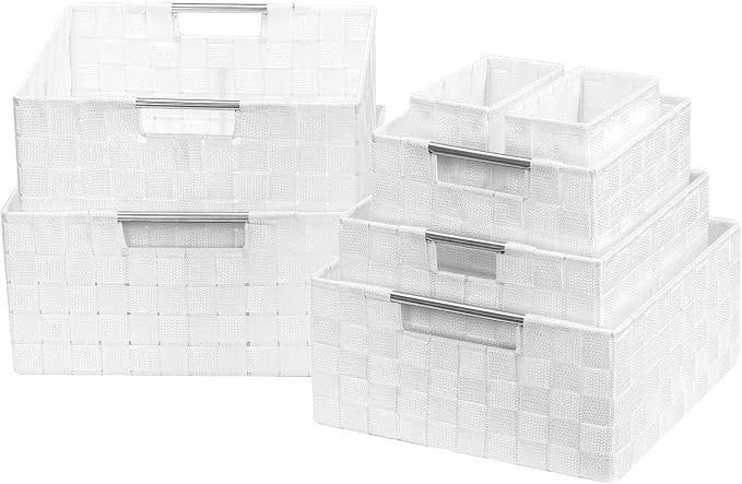 Sorbus Baskets for Organizing, 7-Piece Hand-Woven Storage Set (White) | Mesh organizers with handles keep linens and accessories sorted on closet shelves; seven-piece variety fits many spaces.