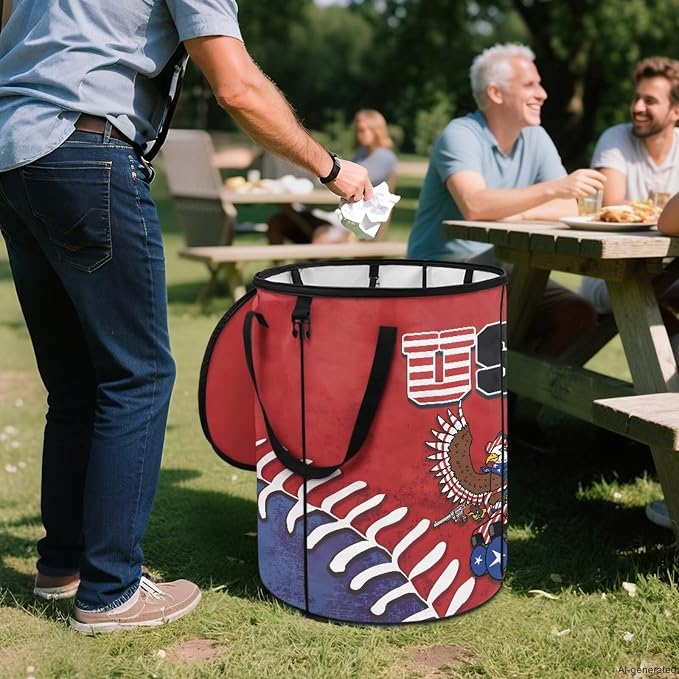 USA American Eagle Collapsible Trash Can 24 Gallon Foldable Garbage Bin with Lid, Waterproof Trash Bag Holder for Outdoor Camping, Patriotic Party Decor, Red White Blue Design