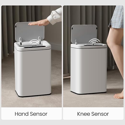 ELPHECO Stainless Steel Office Trash Can 6.6 Gallon Motion Sensor White | Automatic Garbage Bin Rectangular Touch Free Waste Bin for Hotel and Living Room, 2AA