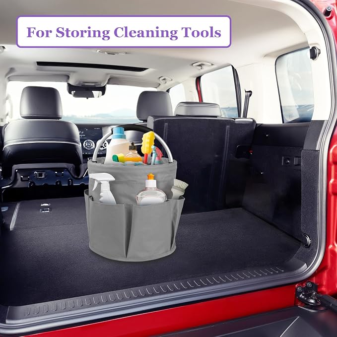 17L Collapsible Cleaning Supplies Caddy with Handle for Travel, Dark Gray | IHOMAGIC 600D Oxford Bucket Tool Organizer, Cleaning Tote with 6-pockets, Portable Storage Basket for Home, Hotel, Restaurant