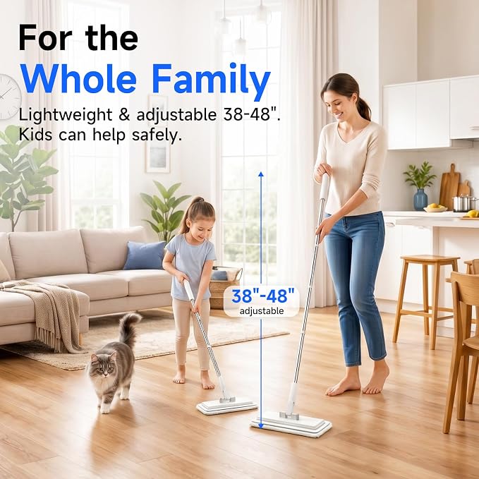 48" Mini Swifter Mop, Hands-Free Quick-Clamp Lazy Mop, Apartments Essential | with 5 Reusable Cloths, Small Head for Spot Cleanups – Easy Sweeping Floor Dust, Pet Hair, Best Household Cleaning Tools