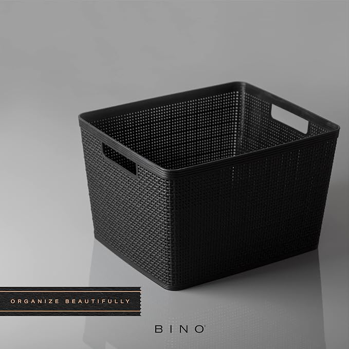 BINO | Woven Plastic Basket | Large (Black), 3-Pack | THE JUTE COLLECTION | Home Organization, Space - Saving Storage, Stylish Design | Jute Basket | Plastic Storage Basket