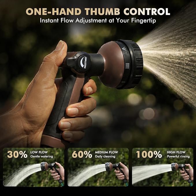 RESTMO Garden Hose Nozzle Heavy Duty, Thumb Control Metal Sprayer Nozzle | Zinc Alloy Body with TPU Coating, 8 Adjustable Spray Patters, Ergonomic Handle, Leak Proof, Idea for Washing & Watering